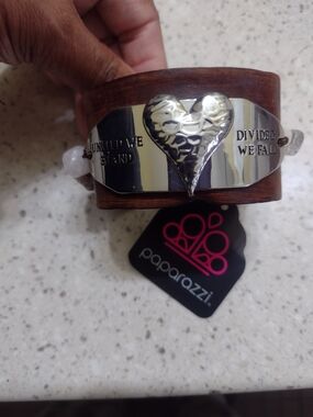 Paparazzi Brown Wood Cuff with Silver Heart Accent
